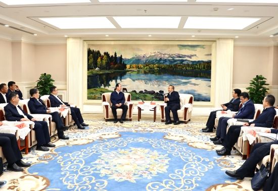 中國(guó)電建黨委書(shū)記、董事長(zhǎng)丁焰章與新疆維吾爾自治區(qū)政府主席艾爾肯·吐尼亞孜會(huì)談